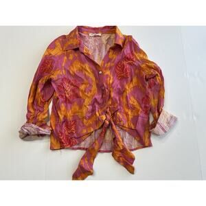 Christian Siriano Pink Linen Tie Front Button Up Cropped Long Sleeve Top Large